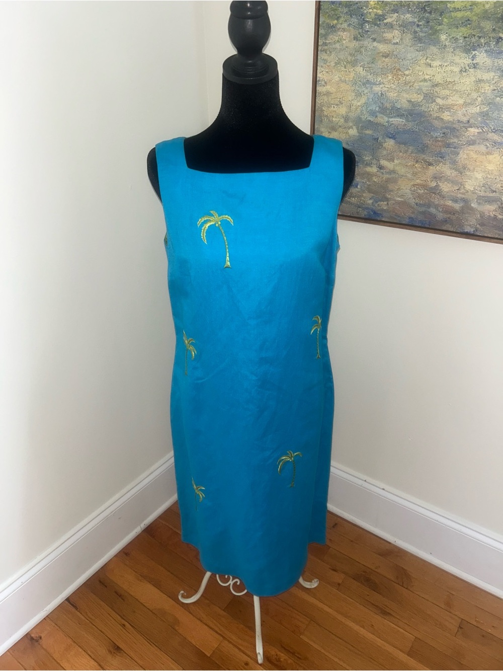 Talbots women’s size 8 blue linen blend palm tree embroidered dress New - Picture 2 of 9